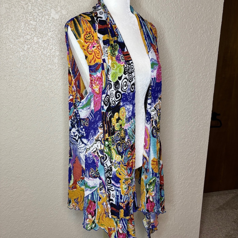 Pleats Collection Red Yellow Art To Wear Open Front Cardigan Vest Womens Size XL
